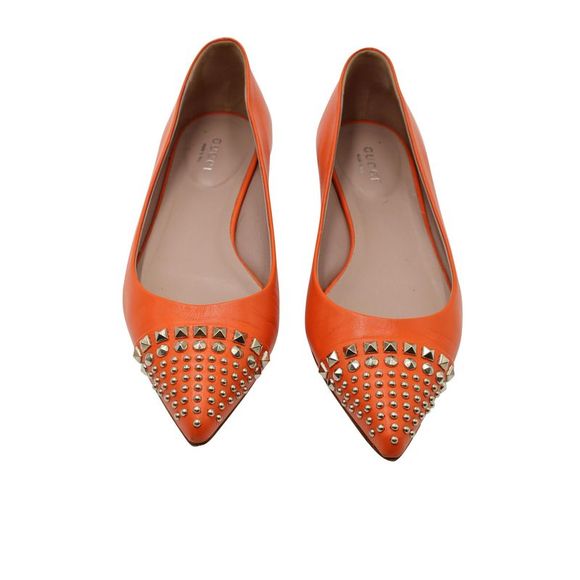 Pre Loved Gucci Silver Studded Point-Toe Ballet Flats in Orange Leather - Picture 2 of 8